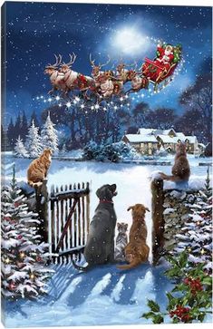 a christmas card with dogs and santa's sleigh