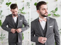 a man in a gray suit and bow tie is looking at the camera while he adjusts his jacket