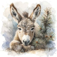 a watercolor painting of a donkey resting next to a pine tree