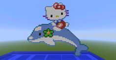 a pixel art image of a hello kitty character running across a blue surface with an apple in her hand