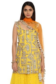 Yellow georgette short kurta with hamsa embroidery. Paired with mukaish georgette sharara and orange mukaish net dupatta. 
Component: 3
Pattern: Embroidered
Type Of Work: Hamsa
Neckline: Scoop
Sleeve Type: Sleeveless
Fabric: Georgette, Net
Color: Yellow
Other Details: 
Hamsa work
Mukaish embroidered sharara
Embroidered dupatta
Occasion: Mehendi,Destination Wedding - Aza Fashions Summer Reception Georgette Sharara, Designer Georgette Sharara For Summer, Embellished Georgette Sharara For Summer, Summer Designer Georgette Sharara, Embellished Georgette Dupatta For Summer, Summer Embellished Georgette Dupatta, Sleeveless Georgette Salwar Kameez With Mirror Work, Summer Georgette Dupatta With Mirror Work, Summer Georgette Palazzo Set With Mirror Work