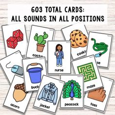 several cards with pictures of different items in them and the words, all sounds in all positions