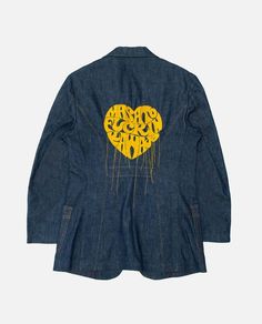 The masato f'in kawajo blazer in dark denim is a vintage 70's piece with wide pointed lapels. it features an embroidered "masato f'in kawajo" design on the back and is sourced from american rag's vintage collection.    store id: c-013  item size: men's s  made in the usa Stirrup Leggings, A Perfect Circle, American Rag, Designer Clothes For Men, Blazers For Men, Engineered Garments, Mens Outerwear, Dark Denim, Tulle Dress