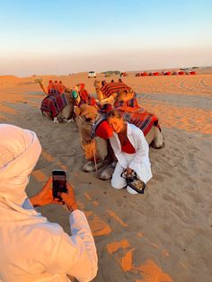 a man taking a photo of some camels in the desert with his cell phone