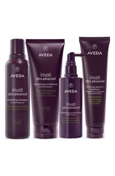 What it is: A set of four products for fine-to-medium, thinning hair types.Who it's for: Ideal for medium-to-thick hair-care sets.Set includes:- invati ultra advanced™ Exfoliating Shampoo Rich (6.7 oz.): a shampoo that gently exfoliates with wintergreen-derived salicylic acid, removing oil and environmental residues that can clog pores- invati ultra advanced™ Thickening Conditioner (6.7 oz.): a conditioner for fine hair that instantly thickens with a botanical plumping blend, increasing diameter Thick Hair Care, Shampoo Ingredients, Aveda Hair, Shampoo For Thinning Hair, Hair Set, Scalp Serum, Hair Thickening, Thinning Hair, Heat Styling Products