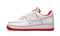 The Nike Air Force 1 Low ‘07 “Contrast Stitch - White/Red” gives a subtle update to the classic “White on White” colorway of the retro basketball and lifestyle silhouette. One of several colorways in the Air Force 1’s “Contrast Stitch” collection, the “White/Red” is an essential footwear option for any sneaker collection. White leather appears on the perforated toe, mid-panel, and heel. University Red contrast stitching outlines each panel on the upper and borders the tonal Swoosh detailing on e Shoes 2021, Nike Shoes Air Force, Retro Basketball, Fancy Shoes, Red Nike, Nike Air Force 1 Low, Mens Nike Air, Stadium Goods, Nike Kids