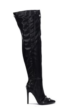 Put a little sass in your step with these stunning Pofin-2 thigh-high boots! A metallic finish gives them a touch of glam, while the stud and buckle trim and dangling lace zipper add a flirty flair. Comes in black and silver. pointy toe high heels thigh high boots stud and buckle trim metallic PU dangling lace zipper Bold Heels, Pointy Toe Boots, Chic Sandals, Denim Boots, Thigh Boot, Red Boots, Stylish Boots, Pink Sneakers, Pink Heels