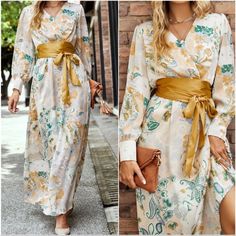 Boho Floral Paisley Print Belted Maxi Dress S M L Xl, 100% Polyester, Ships In 7-8 Days Bohemian Gold Maxi Dress With Long Sleeves, Gold V-neck Dress With Floral Print, Spring Floral Print Gold Dresses, Casual Long Sleeve Gold Dress, Casual Gold Long Sleeve Dress, Casual Yellow Paisley Print Dress, Beige Paisley Print Dress For Spring, Bohemian Yellow Dresses With Paisley Print, Casual Gold Maxi Dress For Spring