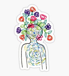 a drawing of a person with flowers on their head