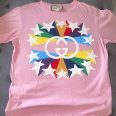 Pink Gucci T-Shirt Fits Like A Real Medium Because It’s A Bit Oversized Tshirts Gucci Woman, Women's Pink Gucci Top, Gucci Graphic Print Crew Neck Top, Trendy Gucci Cotton T-shirt, Luxury Gucci Cotton T-shirt, Gucci Shirt, Gucci Top, Gucci T Shirt, Colorful Shirts