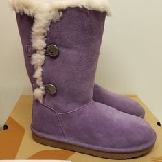 Brand New With Box Size: 5 (Big Girl) Color: Montana Grape Details - Round Toe - Suede Construction - Side Button Closures - Faux Fur Lining - Genuine Shearling Trim - Cushioned Footbed - Grip Sole - Imported Montana Grape, Koolaburra By Ugg, Tall Boot, Big Girl, Tall Boots, Montana, Kids Shoes, Faux Fur, Shoe Boots