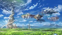 an anime scene with mountains, trees and clouds