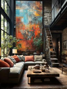 a living room filled with furniture and a large painting on the wall above it's windows