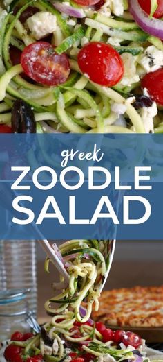 two pictures with different types of salads and the words geek week zoodlee salad