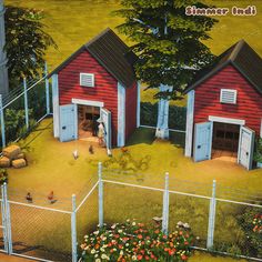 a painting of two red barns with chickens in the yard