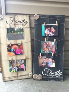 two pictures hanging on clothes pegs in front of a wall with the word family