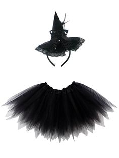 a black hat and tutu skirt are on display