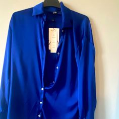 Royal Blue Zara Collar Shirt Chic Blue Button-up Shirt, Blue Collared Shirt For Office, Collared Blue Shirt For Office, Blue Zara Office Shirt, Zara Blue Button-up Shirt, Zara Blue Office Shirt, Blue Summer Office Shirt, Blue Button-up Zara Tops, Blue Summer Top For Formal Occasions