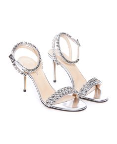 Mach & Mach Audrey Crystal Pump Sandals | italist Formal Silver Heels With Buckle Closure, Luxury Silver Heels With Buckle Closure, Glamorous Silver Sandals With Round Toe, Elegant Silver Sandals With Buckle Closure, Silver High Heel Sandals With Buckle Closure, Silver Open Heel Sandals With Buckle Closure, Luxury Sparkling Sandals With Ankle Strap, Luxury Sparkling Ankle Strap Sandals, Glamorous Silver Sandals With Buckle Closure