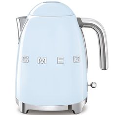 an electric kettle with the word smeg on it's front and side panels