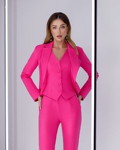 Three-piece pantsuit for women: straight leg pants with high rise, buttoned vest and lined blazer Please note suit measurements  Pants length inseam is 36 inches or 91 cm Sleeve length 24 inches or 61 cm Our Women's Blazer Trouser Suit for office, business meetings, formal events and special occasions. Always trendy, classic and o good looking DETAILS -  straight leg pants -  high rise -  blazer is buttoned -  lined -  side pockets -  relaxed fit -  single breasted -  buttoned vest MATERIAL Premium quality suiting fabric, consists of viscose, elastane and polyester  SIZES The model in photos is wearing a size S Available in 4 sizes: 2 US numeric  BUST 32-34 inches or 82-86 cm WAIST 23-24.8 inches or 59-63 cm HIPS 33-35 inches or 86-90 cm 4 US numeric  BUST 34-35 inches or 86-90 cm WAIST 25 Pantsuits For Women Business, Women Business Casual Outfits, Formal Pantsuit, Suit With Vest, Pantsuit For Women, Women Business Casual, Chic Style Outfits, Suit Measurements, Casual Outfits For Women