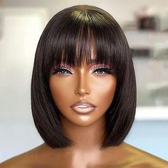 PRICES MAY VARY. 【Bob Human Hair Wig】100% Brazilian Virgin human hair, very soft and smooth, no smell, no tangling and shedding. 【Straight Bob Wig】10 inch short bob wig with cute bangs, perfect length and light weight, classic and beautiful, the bangs could be trimmed according to your needs. 【Easy to Manage and Style】No glue no lace, install and take off within 2 mins, low maintenance wig.It is really stylish, going well with all different outfits, creating modern and natural looks! 【Quality Upgrade】Added more hair volume without showing the track at the bottom of the cap. Upgraded the top of the cap to make it flatter and more natural. 【Comfortable to Wear】The cap net has good breathability, easy to install, 3 combs make it secure on your head, 2 adjustable straps inside, you could adjus Kort Bob, Straight Bob Hairstyles, Wig Styling, Corte Bob, Short Human Hair Wigs, Bob Lace Front Wigs, Short Straight Hair, Wig With Bangs, Short Bob Wigs