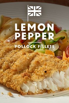 a white plate topped with fish and veggies next to a lemon pepper logo