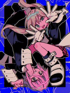 an anime character with pink hair and blue eyes is holding onto another character's head