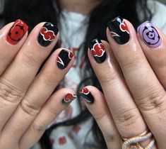 Anime Short Nail Designs, Naruto Themed Nails, Anime Short Nails, Sharingan Nails, Naruto Inspired Nails, Naruto Nail Art, Pikachu Nails, Anime Nail Art