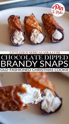 chocolate dipped brandy snaps with marshmallows and whipped cream on top, served on a white plate