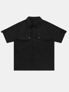 Available in black and gray Short sleeve shirt Loose fit Polyester ﻿ Imported Ships FREE Modern Black Summer Shirt, Black Summer Tops With Pockets, Modern Black Collared Top, Black Collared T-shirt For Streetwear, Black Relaxed Fit Modern Tops, Modern Black Relaxed Fit Tops, Black Modern Tops With Relaxed Fit, Black Cotton Techwear Shirt, Modern Oversized Black Shirt