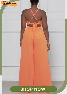 Orange Sexy Casual Solid Backless V Neck Regular Jumpsuits Chic Orange Beach Jumpsuits And Rompers, Chic Orange Jumpsuits And Rompers For Beach, Chic Orange Jumpsuit And Romper For Vacation, Chic Orange Jumpsuits And Rompers For Vacation, Solid Two-piece Beach Bottoms Set, Solid Color Backless Jumpsuit For Vacation, Halter Neck Solid Color Jumpsuits And Rompers For Beach, Backless Solid Jumpsuits And Rompers For Vacation, Halter Neck Jumpsuit For Vacation