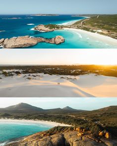 three different views of the beach and ocean from above, with sand dunes in the foreground