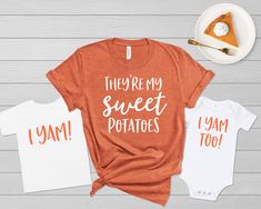 "\"She's/He's My Sweet Potato\" \"I Yam!\" Mommy and Me Shirts. Welcome to Mom Life with Style! This listing is for ONE (1) UNISEX TEE, BABY BODYSUIT, BABY TEE, TODDLER TEE or YOUTH TEE that says \"she's my sweet potato\", \"I yam!\" or \"I yam too!\" ★Add desired number of items to your cart. YOU MUST ADD EACH SHIRT TO YOUR CART SEPARATELY. ★Designed with moms & kids in mind! ★Machine washable & dryer safe ★Comfortable & flattering fit ★High quality prints that last SHIRT DESIGN ★Our shirts are created with the latest in garment printing technology. Inks are water based and eco-friendly which creates a softer feel than traditional screen printing. The high-quality printing process prevents cracking, peeling and fading for a durable design that is long lasting. Ink is CPSIA (Consumer Produ Ty Dye, Mommy And Me Shirts, Mommy And Me Shirt, Pregnancy Announcement Shirt, Cute Shirt Designs, Funny Tshirt, Mommy And Me Outfits, Vinyl Shirts, Cricut Creations