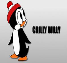 a cartoon penguin wearing a red and white hat with the words chilly willy on it