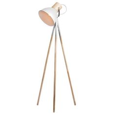 a white floor lamp with two wooden legs