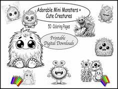 an adult coloring book with monsters and other cartoon characters in black and white, including the title