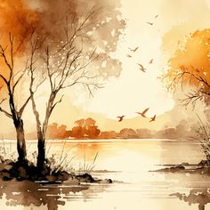 watercolor painting of trees and birds flying in the sky over a lake at sunset