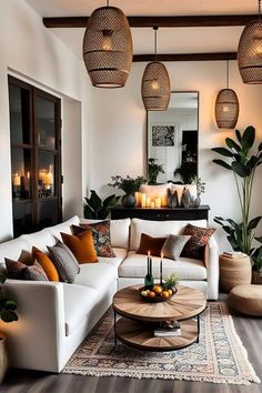 a living room filled with furniture and lots of plants on top of the table in front of it