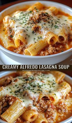 two bowls of creamy alfredo lasagna soup, one with meat and the other with cheese