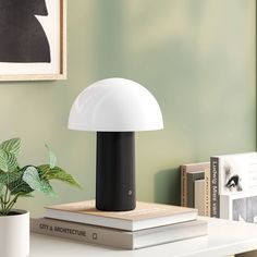 a white lamp sitting on top of a table next to books and a potted plant