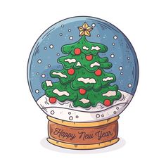 a snow globe with a christmas tree in it and the words happy new year inside