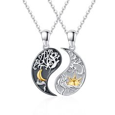 PRICES MAY VARY. 💕"Yin Yang Necklaces" - Half of the necklace is engraved with the warmth of the sun, and the other half is engraved with the moon, both engraved with tree of life, symbolizing the inseparable connection and relationship between each other with whole life. 💕"Matching Couples Necklaces" - Made of 925 sterling silver, hypoallergenic, anti-tarnish, lead-free, and cadmium-free. The sun, moon, and tree of life are handcrafted and embellished with plating for a delicate and romantic Spiritual Silver Necklaces For Friendship, Silver Round Charm Necklace For Friendship, Engraved Pendant Necklaces For Friendship, Engraved Pendant Necklace For Friendship, Customized Symbolic Silver Necklace, Sterling Silver Necklace For Friendship, Silver Clavicle Chain Necklace For Friendship, Customized Sterling Silver Jewelry For Friendship, Symbolic Personalized Necklaces For Friendship