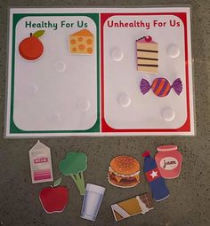 an assortment of healthy food items displayed on a counter top with the words healthy for us and unhealthy for us