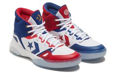 The all new Converse G4 Mid 'ABA' takes its design inspiration from the American Basketball Association and is a must-have for any hoops fan. The shoe features a unique asymmetrical red and blue colorway, with white textile uppers and Star Chevron branding on the quarter panels. The Converse trademark is repeated on the right tongue, while the left features the ABA logo. The midsole combines forefoot Zoom Air and Nike React cushioning in the heel, while an icy translucent rubber outsole provides Converse Basketball Shoes, Piercing Industrial, White Textile, Best Basketball Shoes, New Converse, Nike React, Blue Sneakers, Hummel Sneaker, New Balance Sneaker