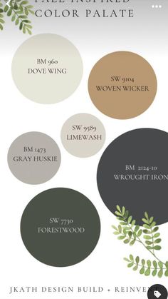 the fall inspired color palette is shown in shades of brown, green and white with leaves