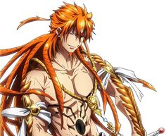 an anime character with orange hair and braids holding two swords in one hand while standing next to another