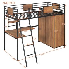 loft bed with desk underneath and ladder to the top, measurements for each bunkbed