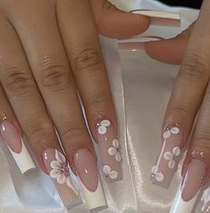 Spring Nails With 3d Flowers, French Tip With 3d Flower Design, French Tip Acrylic Nails With Flower, Baddie Nails With Rhinestones, Lily Flower Nails, Nails With Acrylic Flowers, V French Nails, White Flower Nails, Pink Wedding Nails