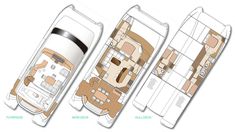 three different views of the inside of a boat, including an upper deck and lower deck